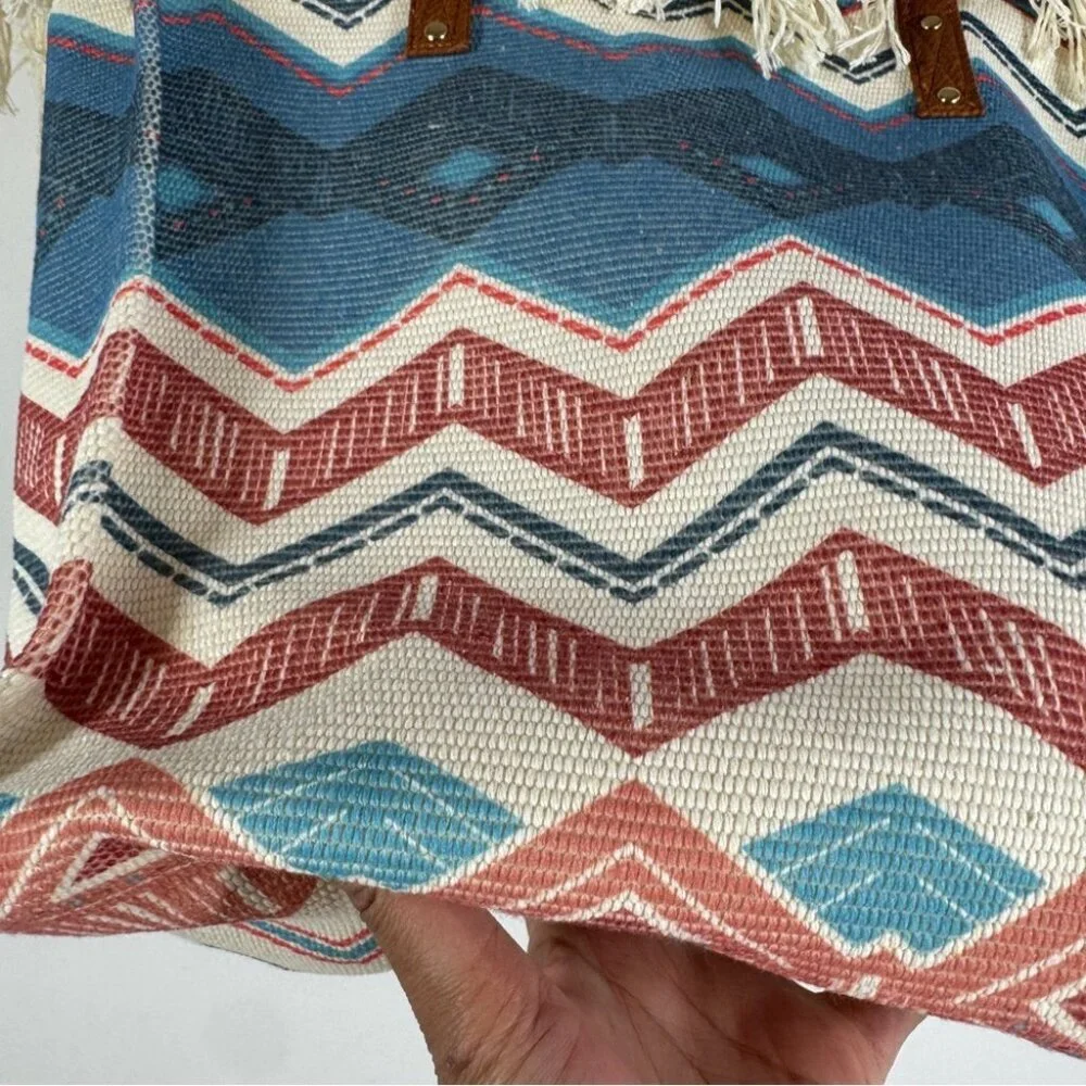 Boho Aztec Fringe Tote Bag Tribal Canvas Beach Shopper Southwest Style Summer - Picture 9 of 14